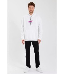 Erkek Baskılı Üç İplik Kapüşonlu Oversize Sweatshirt - Beyaz