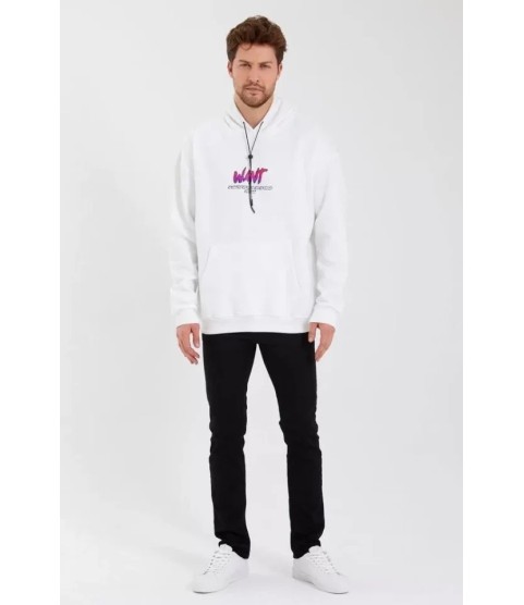 Erkek Baskılı Üç İplik Kapüşonlu Oversize Sweatshirt - Beyaz