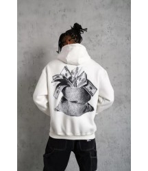 Erkek Kanguru Cep Baskılı Kapüşonlu Sweatshirt - Beyaz