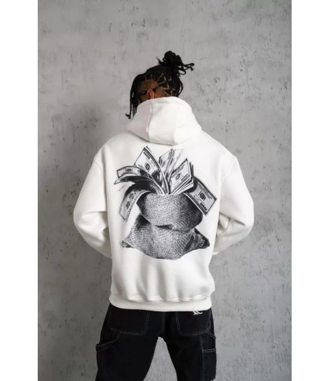 Erkek Kanguru Cep Baskılı Kapüşonlu Sweatshirt - Beyaz