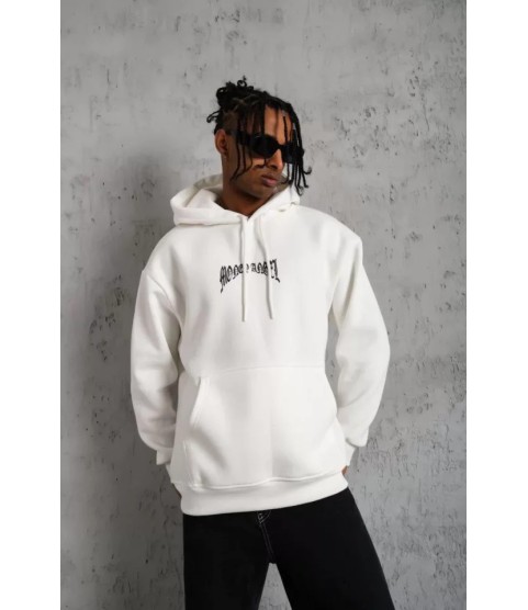 Erkek Kordon İpli Baskılı Kapüşonlu Sweatshirt - Beyaz