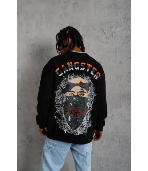 Erkek 3 İplik Gangster Baskılı Sweatshirt - Siyah