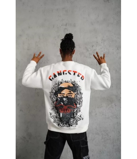 Erkek 3 İplik Gangster Baskılı Sweatshirt - Beyaz