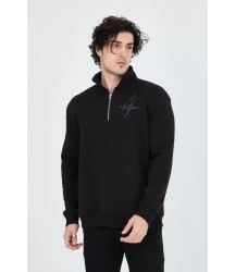 Erkek Yarım Fermuarlı Baskılı Sweat - Siyah