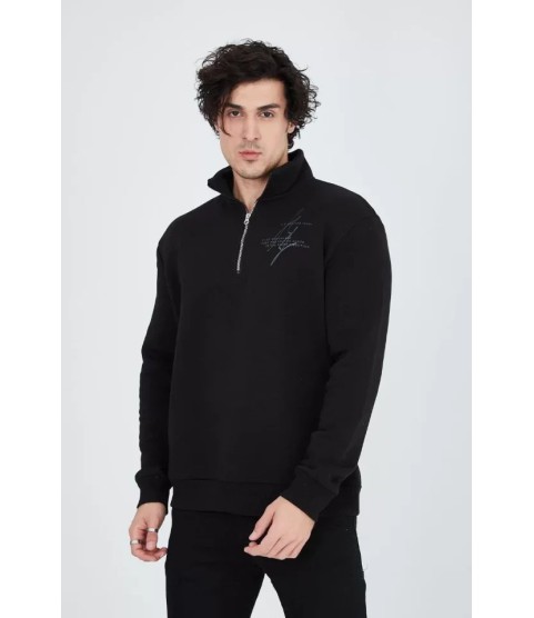 Erkek Yarım Fermuarlı Baskılı Sweat - Siyah