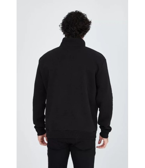 Erkek Yarım Fermuarlı Baskılı Sweat - Siyah