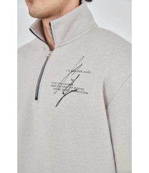 Erkek Yarım Fermuarlı Baskılı Sweat - Boyalı Gri