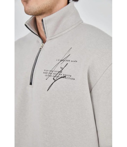 Erkek Yarım Fermuarlı Baskılı Sweat - Boyalı Gri