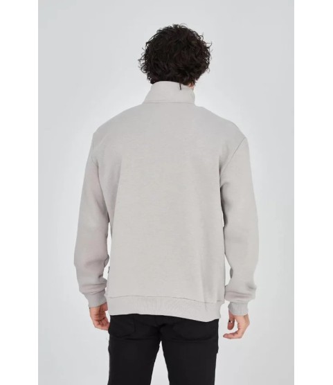 Erkek Yarım Fermuarlı Baskılı Sweat - Boyalı Gri