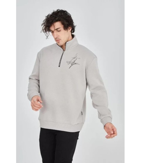 Erkek Yarım Fermuarlı Baskılı Sweat - Boyalı Gri