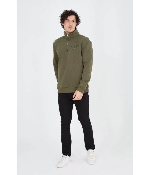 Erkek Yarım Fermuarlı Baskılı Sweat - Yeşil