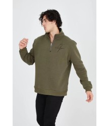 Erkek Yarım Fermuarlı Baskılı Sweat - Yeşil