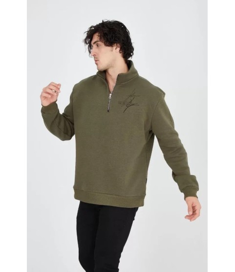Erkek Yarım Fermuarlı Baskılı Sweat - Yeşil