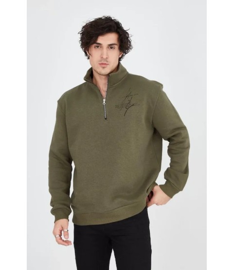 Erkek Yarım Fermuarlı Baskılı Sweat - Yeşil