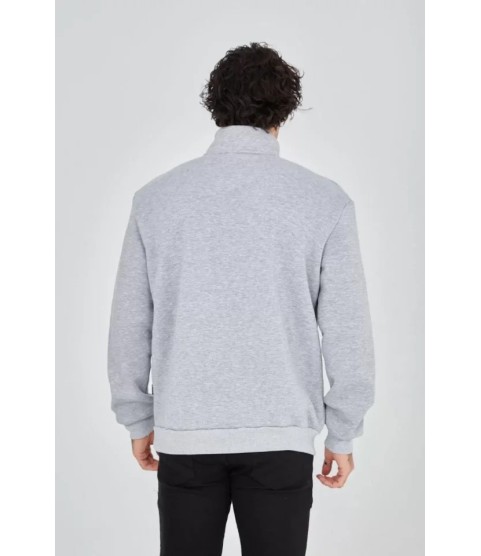 Erkek Yarım Fermuarlı Baskılı Sweat - Gri