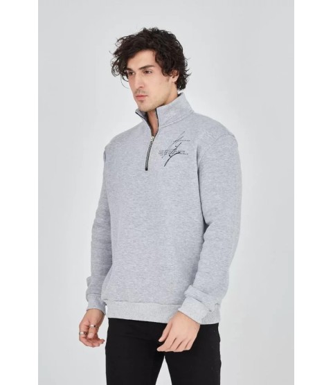 Erkek Yarım Fermuarlı Baskılı Sweat - Gri