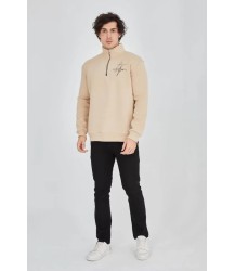 Erkek Yarım Fermuarlı Baskılı Sweat - Bej