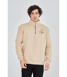 Erkek Yarım Fermuarlı Baskılı Sweat - Bej