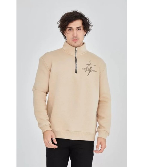 Erkek Yarım Fermuarlı Baskılı Sweat - Bej