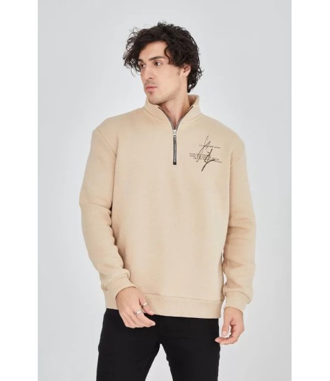 Erkek Yarım Fermuarlı Baskılı Sweat - Bej
