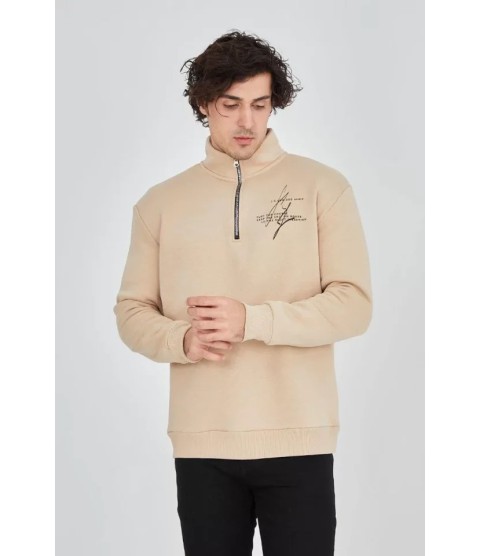 Erkek Yarım Fermuarlı Baskılı Sweat - Bej