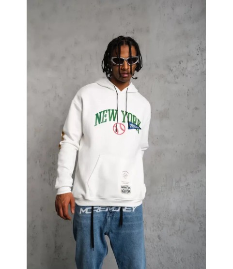 Erkek Baskılı Kapüşonlu Sweatshirt - Beyaz