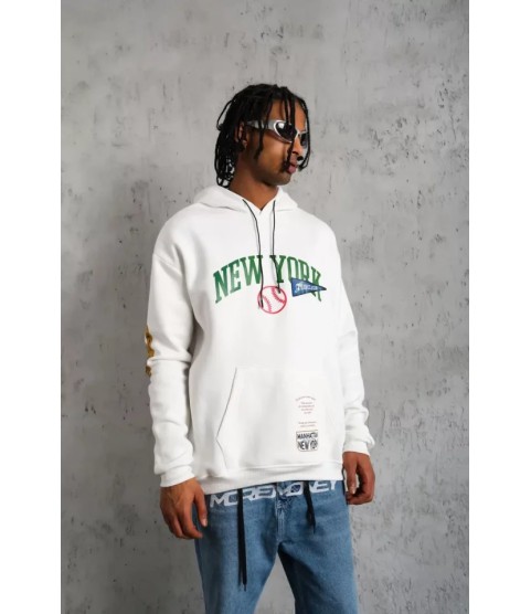 Erkek Baskılı Kapüşonlu Sweatshirt - Beyaz