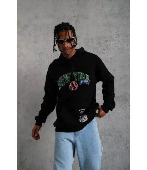 Erkek Baskılı Kapüşonlu Sweatshirt - Siyah