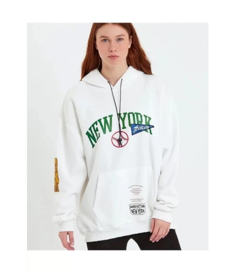 Baskılı Kapüşonlu Sweatshirt - Beyaz
