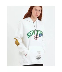 Baskılı Kapüşonlu Sweatshirt - Beyaz