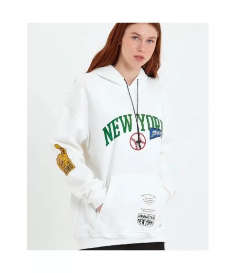 Baskılı Kapüşonlu Sweatshirt - Beyaz