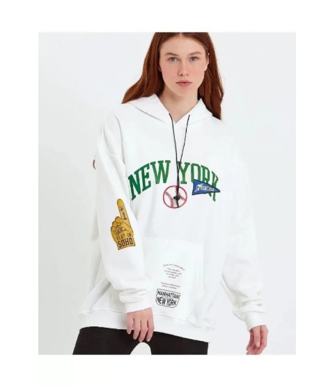 Baskılı Kapüşonlu Sweatshirt - Beyaz