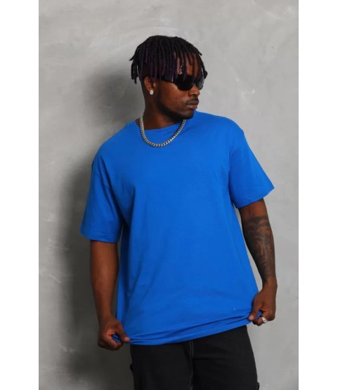 Unisex Oversize Düz Bisiklet Yaka T-Shirt - Mavi