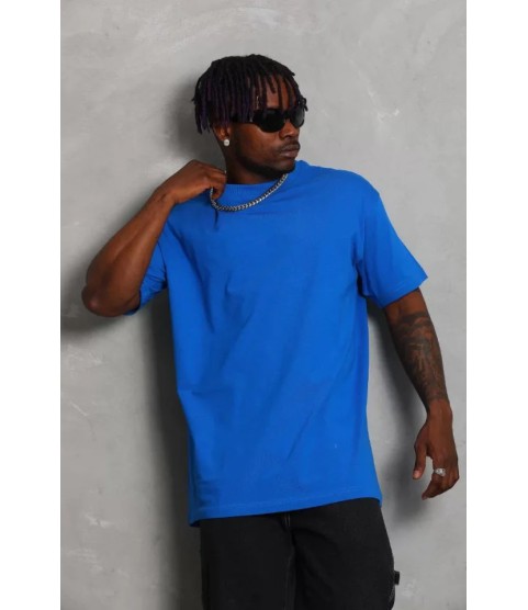 Unisex Oversize Düz Bisiklet Yaka T-Shirt - Mavi