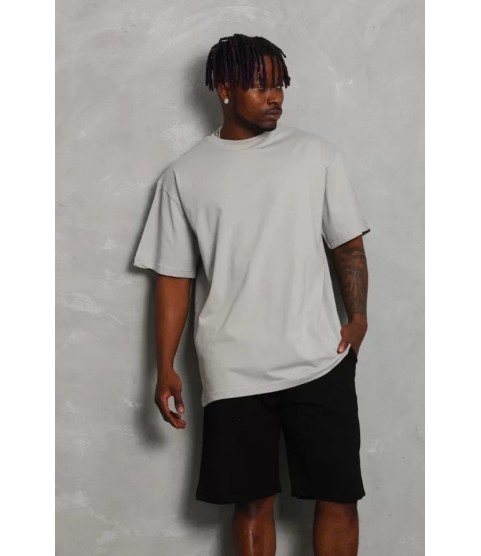 Unisex Oversize Düz Bisiklet Yaka T-Shirt - Gri