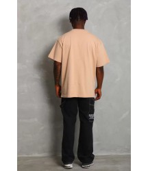 Unisex Oversize Düz Bisiklet Yaka T-Shirt - Bej