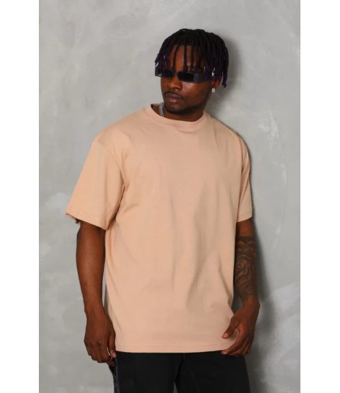 Unisex Oversize Düz Bisiklet Yaka T-Shirt - Bej