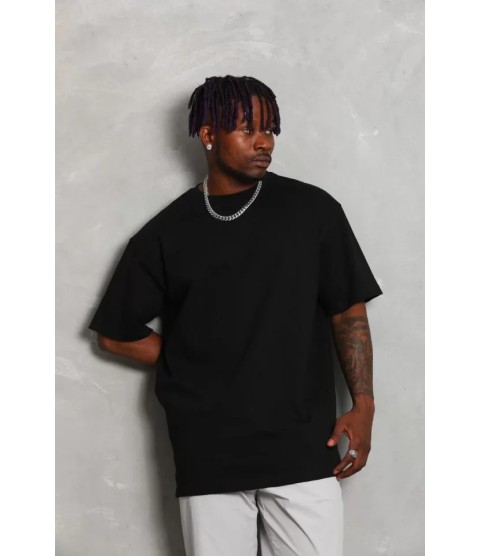 Unisex Oversize Düz Bisiklet Yaka T-Shirt - Siyah