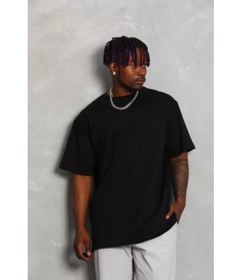 Unisex Oversize Düz Bisiklet Yaka T-Shirt - Siyah