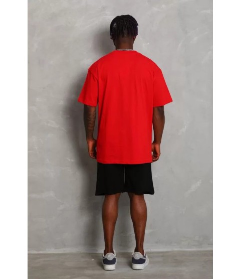 Unisex Oversize Düz Bisiklet Yaka T-Shirt - Kırmızı