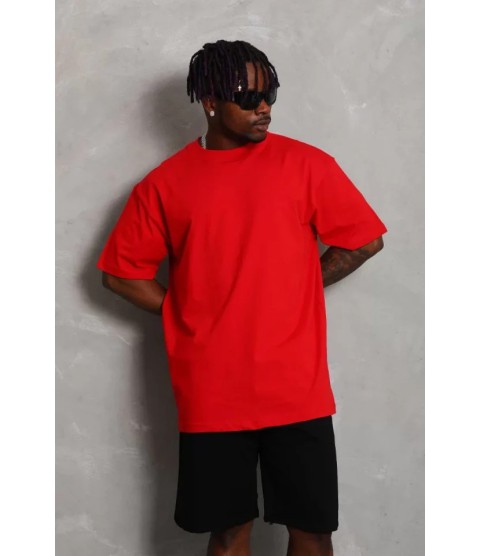 Unisex Oversize Düz Bisiklet Yaka T-Shirt - Kırmızı