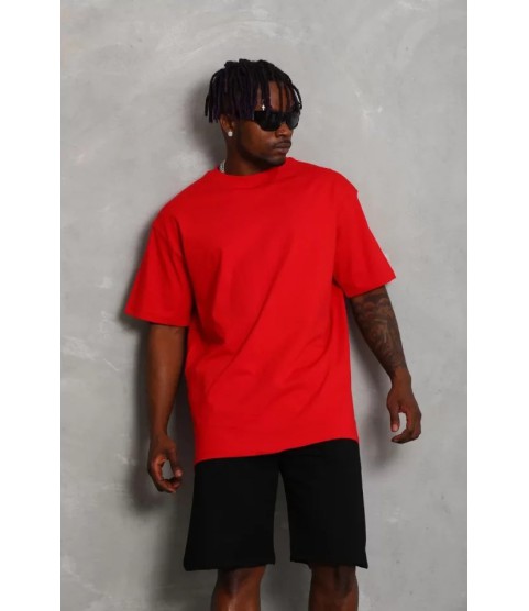 Unisex Oversize Düz Bisiklet Yaka T-Shirt - Kırmızı