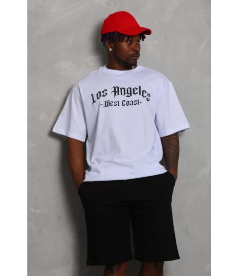 Unisex Oversize Baskılı Bisiklet Yaka T-Shirt - Beyaz
