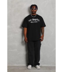 Unisex Oversize Baskılı Bisiklet Yaka T-Shirt - Siyah