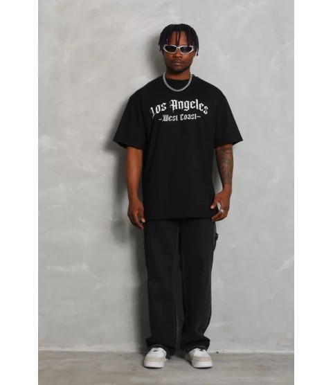 Unisex Oversize Baskılı Bisiklet Yaka T-Shirt - Siyah