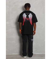 Unisex Oversize Baskılı Bisiklet Yaka T-Shirt - Siyah