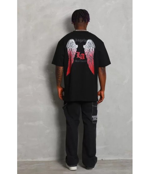 Unisex Oversize Baskılı Bisiklet Yaka T-Shirt - Siyah