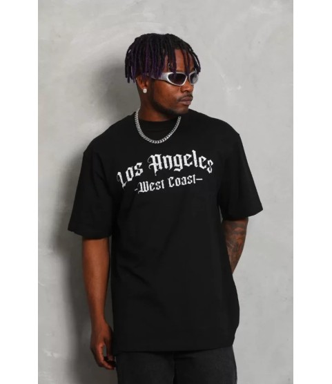 Unisex Oversize Baskılı Bisiklet Yaka T-Shirt - Siyah