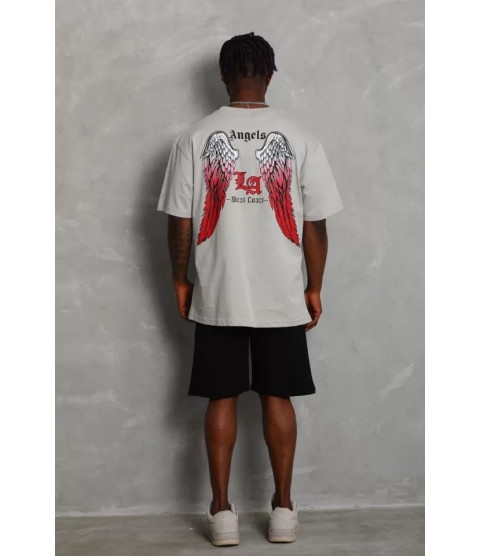 Unisex Oversize Baskılı Bisiklet Yaka T-Shirt - Gri