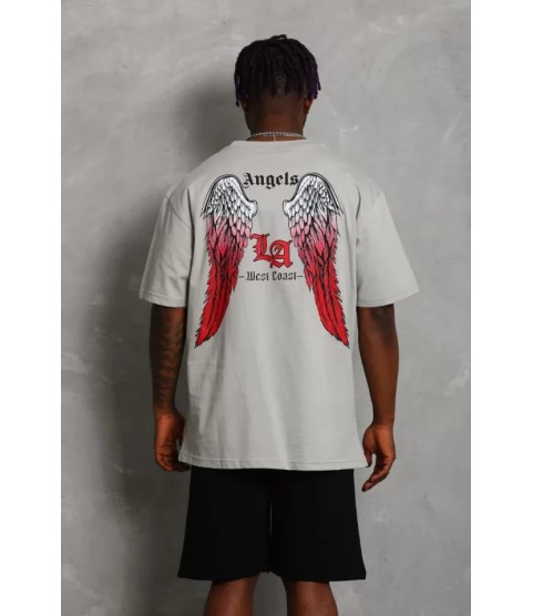 Unisex Oversize Baskılı Bisiklet Yaka T-Shirt - Gri